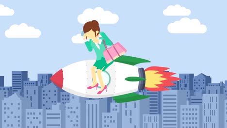 Business-woman-flying-on-rocket-through-the-buildings.-Leap-concept.-Loop-illustration-in-flat-style.