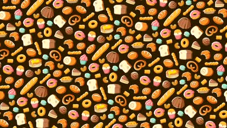 Bakery-moving-rotate-pattern-background-cartoon-hand-drawing-illustration-isolated-on-brown-background-seamless-looping-animation-4K