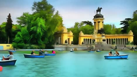 Ciudadanos-y-los-turistas-relajación-y-nadan-en-barcos-en-el-parque-del-Buen-Retiro-en-Madrid.