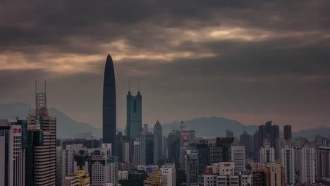 China-cielo-atardecer-shenzhen-ciudad-techo-superior-panorama-4k-lapso-de-tiempo