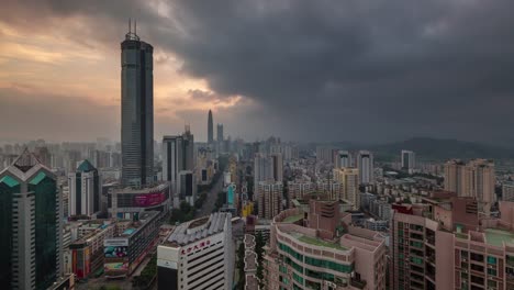 China-Shenzhen-Stadt-Sonnenaufgang-Dach-Top-Panorama-4k-Zeitraffer