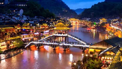 Fenghuang-County-Beautiful-Ancient-Town-Of-Hunan-Province,-China-4K-Day-To-Night-Time-Lapse