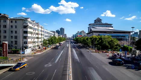 Zeitraffer-der-verkehrsreichen-und-moderne-Gebäude-in-der-Stadt-Beijing,-China.