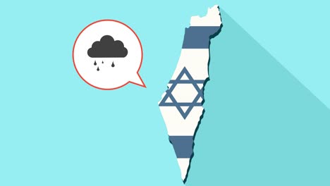 Animation-einer-langen-Schatten-Israel-Karte-mit-seiner-Flagge-und-eine-Comic-Sprechblase-mit-einer-Wolke-und-Regen