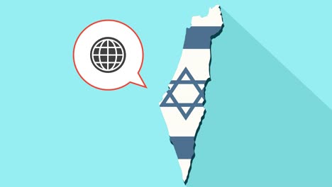 Animation-of-a-long-shadow-Israel-map-with-its-flag-and-a-comic-balloon-with-a-world-globe