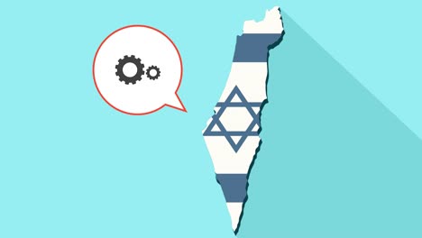 Animation-of-a-long-shadow-Israel-map-with-its-flag-and-a-comic-balloon-with-a-two-spinning-gears