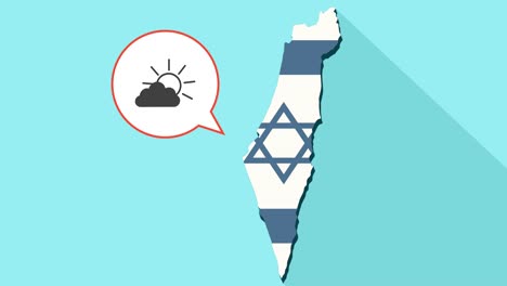 Animation-of-a-long-shadow-Israel-map-with-its-flag-and-a-comic-balloon-with-a-sun-shining-behind-a-cloud