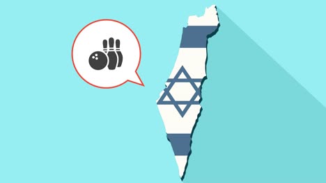 Animation-of-a-long-shadow-Israel-map-with-its-flag-and-a-comic-balloon-with-a-bowling-game