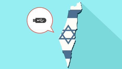 Animación-de-un-mapa-de-Israel-de-larga-sombra-con-su-bandera-y-un-globo-de-cómic-con-una-unidad-flash-usb