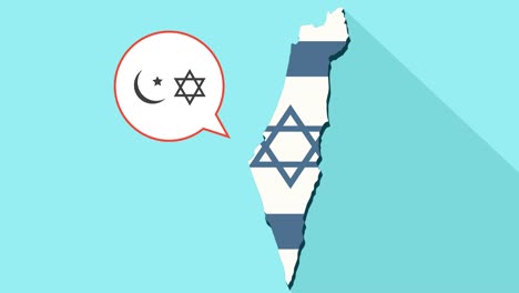 Animation-einer-langen-Schatten-Israel-Karte-mit-seiner-Flagge-und-eine-Comic-Sprechblase-mit-Islam-und-Judentum-Religionen-Symbole