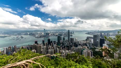 Zeitraffer-von-Hong-Kong-Blick-vom-Berggipfel,-Luftaufnahme,-Landmark-View,