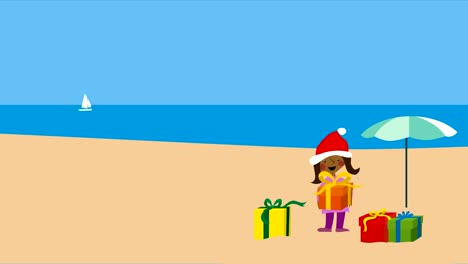 Christmas-on-warm-beach-with-girl-in-santa-hat