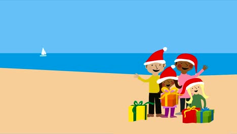 Navidad-en-Playa-caliente-con-familia-en-sombreros-de-santa