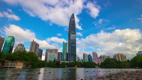 cielo-azul-día-soleado-shenzhen-ciudad-Parque-Lago-panorama-4k-timelapse-china