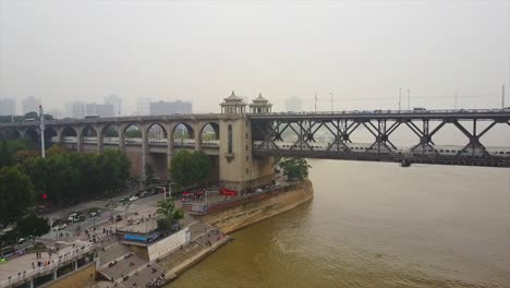 china-day-wuhan-city-famous-traffic-changjiang-bridge-bay-aerial-panorama-4k