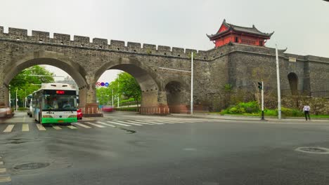 wuhan-city-day-time-fort-temple-qiyimen-gate-traffic-crossroad-panorama-4k-time-lapse-china