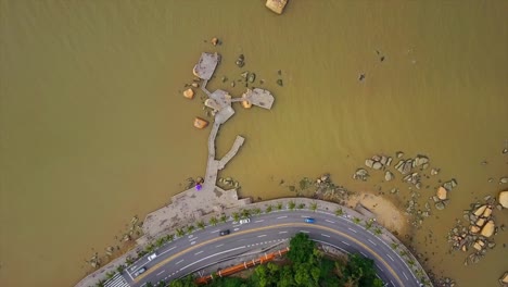 Tag-Zeit-Zhuhai-Stadt-berühmten-Fisher-Mädchen-Denkmal-Bucht-Luftbild-oben-4k-china