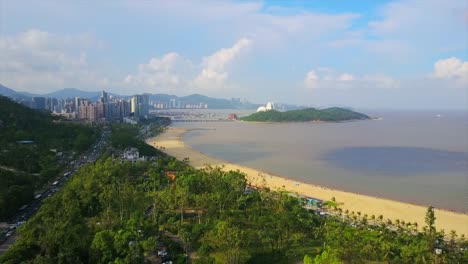 Tag-Zeit-Zhuhai-Stadt-berühmten-Badebucht-Opernhaus-Insel-aerial-Panorama-4k-china