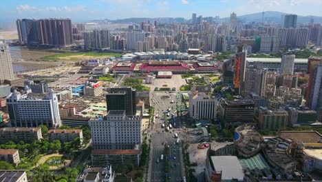 sonnigen-Tag-Zhuhai-Stadtbild-Gongbei-Zollhafen-aerial-Panorama-4k-china