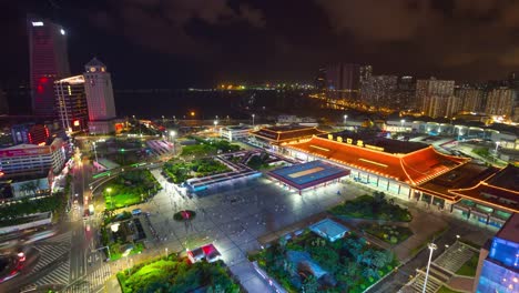 Nacht-beleuchtete-Zhuhai-Stadt-Gongbei-Zollhafen-überfüllten-Platz-auf-dem-Dach-Panorama-4-k-Zeit-hinfällig,-china