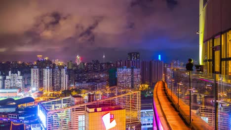 Nacht-Licht-beleuchtete-Macau-Stadtbild-Zhuhai-Stadt-Hotel-auf-dem-Dach-Terrasse-Panorama-4-k-Zeit-hinfällig,-china