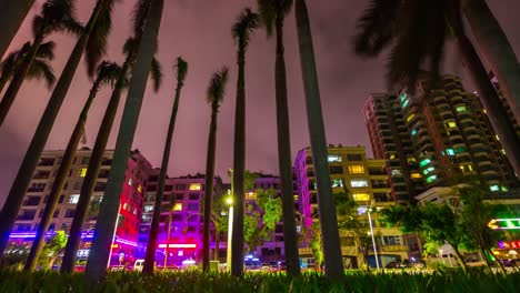 Nacht-Neonlicht-beleuchteten-Zhuhai-Stadt-Palm-Straßenansicht-Bucht-Panorama-4-k-Zeit-hinfällig,-china