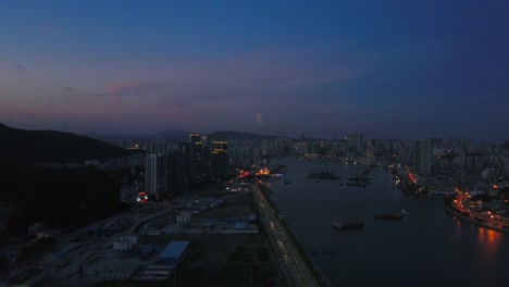 Sonnenuntergang-Nacht-Zeit-Zhuhai-Stadt-Fluss-Bucht-Luftbild-Panorama-4k-china