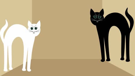 Verliebte-Katzen.-Weiße-Katze-und-schwarzen-Kater-nähert-sich-einander,-rotes-Herz
