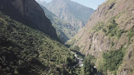 Waterfall-in-Himalayas-range-Nepal-from-Air-view-from-drone