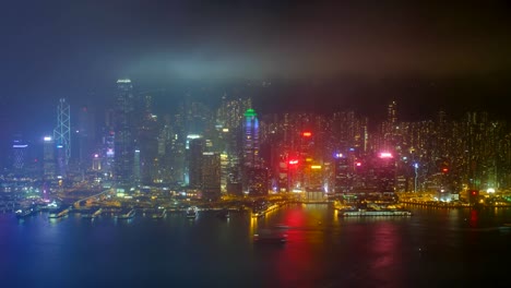 Aerial-timelapse-of-illuminated-Hong-Kong-skyline.-Hong-Kong,-China