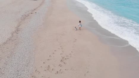 Mujer-caminando-con-su-perro-en-la-playa-en-la-mañana,-vista-aérea-drone