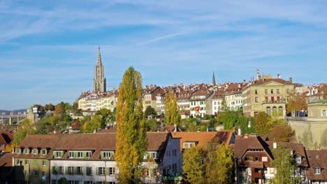 Aerial-view-of-city-with-Minster-gothic-cathedral,-Bern,-Switzerland