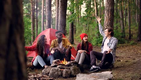 Multiracial-grupo-de-jóvenes-amigos-divierten-alrededor-de-fogatas,-hablar,-gesticular-y-riendo-disfrutando-de-la-calidez,-la-buena-compañía-y-la-hermosa-naturaleza.