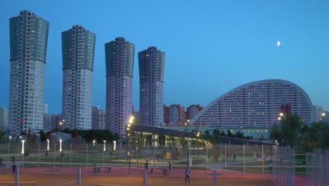 Moscow,-Russia.-View-of-people-in-the-sports-area-and-skyscrapers-in-the-background.