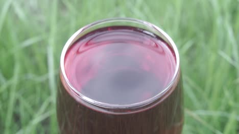 glass-of-wine-on-a-grass-background,-close-up-.