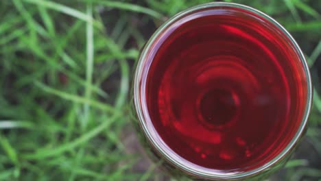 glass-of-wine-on-a-grass-background,-close-up-.