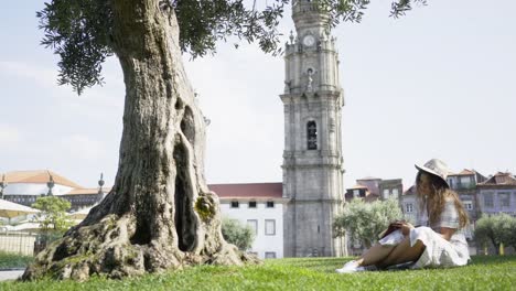 Frau-im-Kleid-schreiben-in-Notebook-unter-Baum-im-park