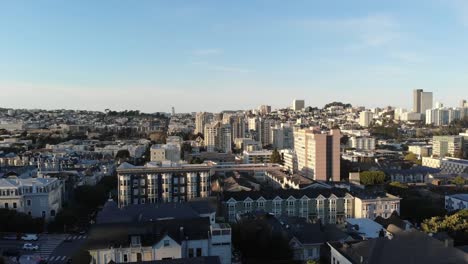 San-Francisco-city-architecture-in-Downtown-aerial-top-view-at-sunset