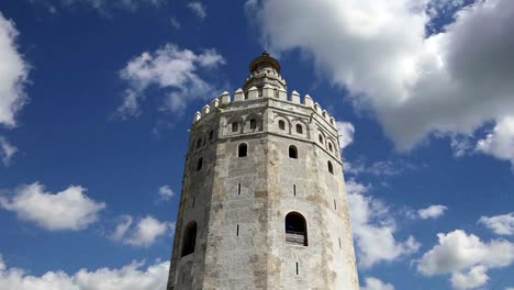 Torre-del-Oro-or-Golden-Tower-(13th-century),-a-medieval-Arabic-military-dodecagonal-watchtower-in-Seville,-Andalusia,-southern-Spain