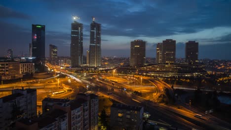 Sunrise-road-traffic,-skyscrapers-and-Zincirlikuyu-,-Istanbul