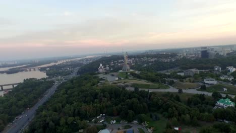 Panorama-of-Kiev,-Ukraine.-Mother-Motherland.-Aerial-view.