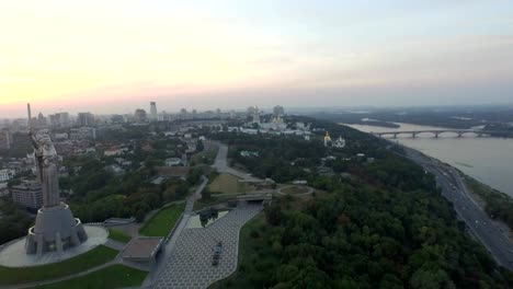 Panorama-of-Kiev,-Ukraine.-Mother-Motherland.-Aerial-view.