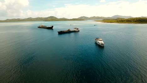 Aerial-Cargo-and-passenger-ships-in-the-sea.-Philippines,-Siargao