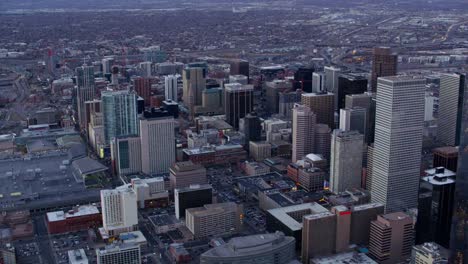 Aerial-view-of-downtown-Denver-buildings-at-dusk