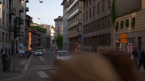 Italy-sunset-time-milan-city-traffic-street-crosswalk-panorama-4k