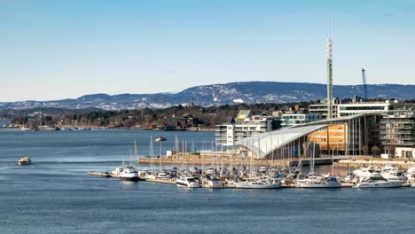 Oslo-city-skyline-timelapse-at-Oslo-Harbour,-Oslo-Norway-4K-Time-Lapse