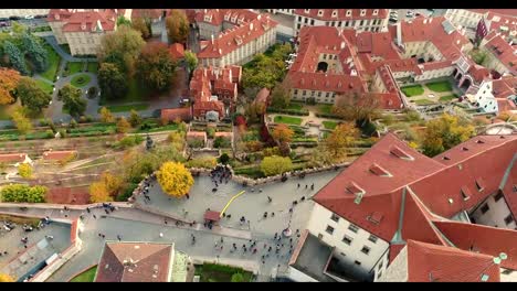 Panorama-of-Prague,-aerial-of-the-city,-view-from-above-on-the-cityscape-of-Prague,-flight-over-the-city,-Area-Old-Town,-Prague-Castle-and-Vltava-River,-Czech-Republic,-Prague