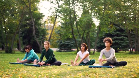 Weibliche-yogaschüler-machst-stretching-Übungen-mit-Instruktor-schöne-Frau-während-der-Outdoor-Klasse-im-Park.-Relaxed-Mädchen-konzentrieren-sich-auf-die-Praxis.