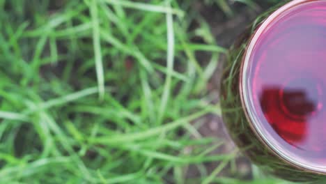 glass-of-wine-on-a-grass-background,-close-up-.