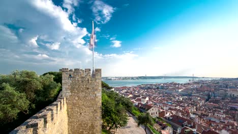 View-of-the-historical-Lisbon-Baixa-downtown-and-Tagus-River,-from-the-Sao-Jorge-St.-George-Castle-in-Lisbon,-Portugal-timelapse